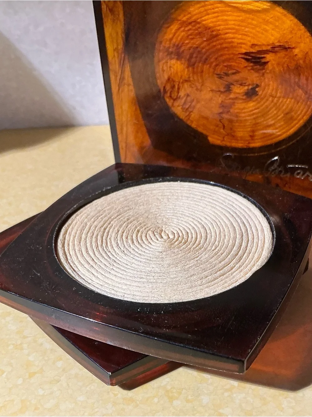 Vintage Coaster Holder Set Georges Briard Faux Tortoise Shell Lucite Raffia MCM